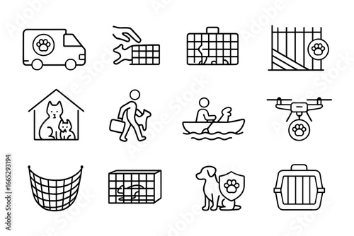 Animal Rescue Icons. Line style icons of animal rescue and safety: animal ambulance, trap release, cage icon, wildlife barrier,