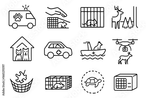 Animal Rescue Icons. Line style icons of animal rescue and safety: animal ambulance, trap release, cage icon, wildlife barrier,