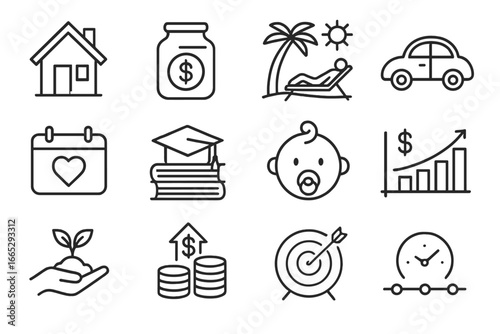 Financial Goals Icons. Line style icons of financial goals: buy house icon, emergency fund jar, retirement goal, dream vacation