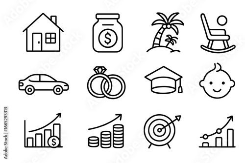 Financial Goals Icons. Line style icons of financial goals: buy house icon, emergency fund jar, retirement goal, dream vacation