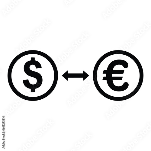 Dollar and euro currency exchange symbol with double arrow icon for global financial transactions silhouette