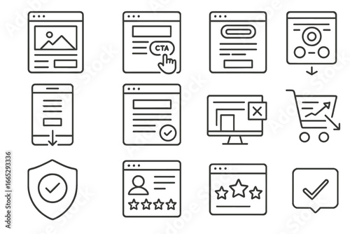 Conversion Optimization Icons. Line style icons of conversion optimization: landing page icon, CTA placement, heatmap icon, scroll