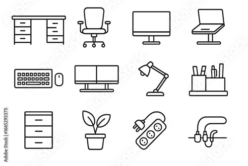 Modern Workspace Icons. Line style icons of modern workspace setup: office desk, swivel chair, desktop monitor, laptop stand,