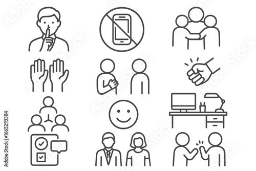 Office Etiquette Icons. Line style icons of office behavior and etiquette: quiet sign, mobile off icon, team huddle, hands raised,