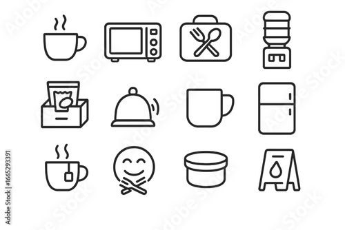 Office Break Icons. Line style icons of office lunch and break time: coffee cup, microwave icon, lunchbox icon, water cooler,