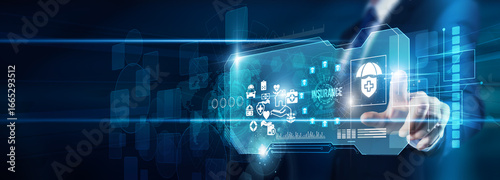 Consultant hand touching insurance policy data risk assessment claims, underwriting compliance coverage automation innovation transformation, and global financial protection solutions.