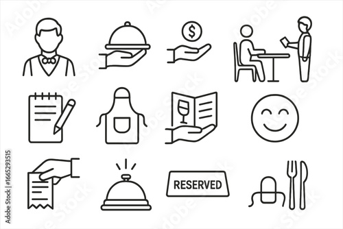 Waiter Service Icons. Line style icons of waiter service: waiter icon, server tray, tip icon, customer table, order notepad, apron