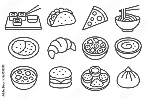Multicultural Cuisine Icons. Line style icons of multicultural cuisine: sushi plate icon, taco icon, pizza slice icon, noodle bowl
