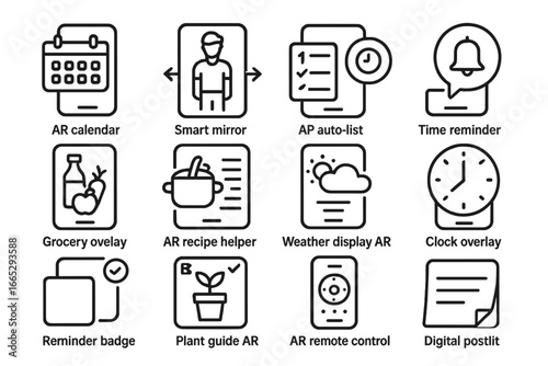 AR Daily Life Icons. Line style icons of AR in daily life: AR calendar, smart mirror icon, AR task list, time reminder bubble,