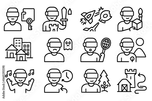 VR Game Genre Icons. Line style icons of VR games genres: puzzle escape icon, dungeon quest, space battle icon, creative sandbox