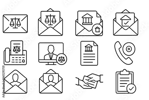 Legal Communication Icons. Line style icons of legal communication: case email icon, legal correspondence, certified mail icon,