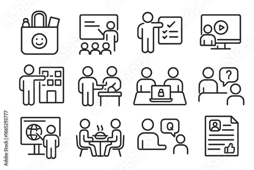 Onboarding Experience Icons. Line style icons of onboarding experience: welcome kit icon, orientation icon, buddy system,