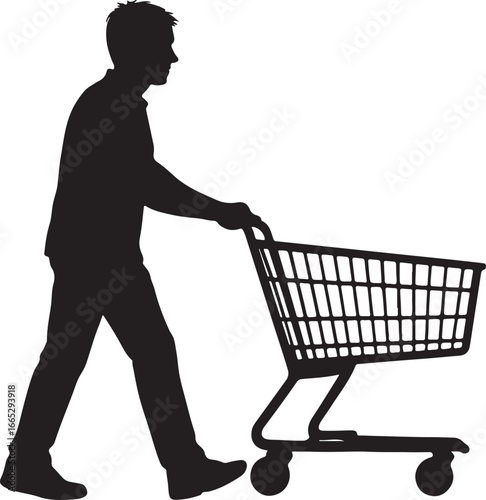 Black silhouette of a man pushing a shopping cart from the side walking