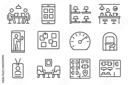 Coworking Space Icons. Line style icons of coworking spaces: shared table icon, booking screen, open plan icon, coffee counter