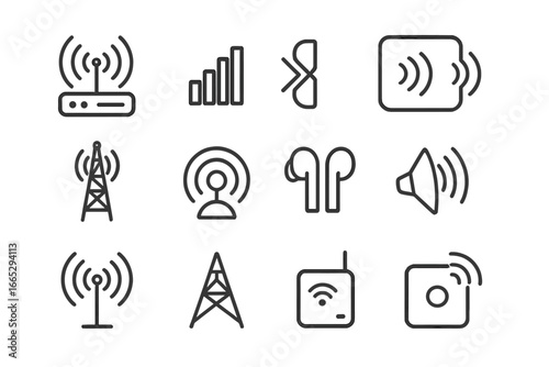 Wireless Technology Icons. Line style icons of wireless technology: WiFi router, mobile signal, Bluetooth icon, NFC tag, 5G tower,