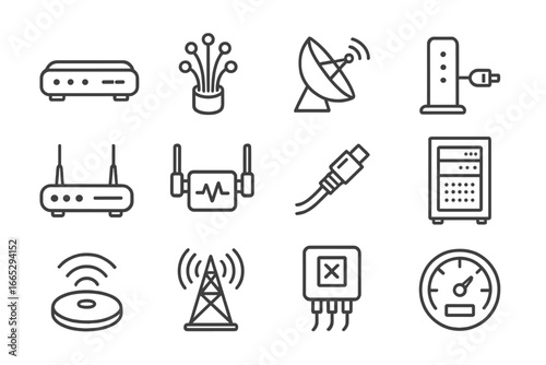 Broadband Technology Icons. Line style icons of broadband technologies: DSL icon, fiber optic symbol, satellite internet icon,