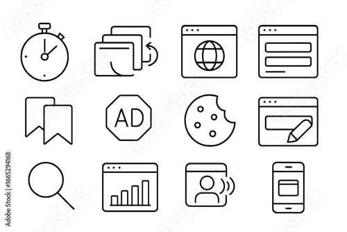 Line Style Browser Icons. Line style icons of internet browsing behavior: session timer, tab history, visited sites icon,