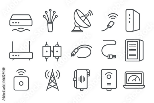 Broadband Technology Icons. Line style icons of broadband technologies: DSL icon, fiber optic symbol, satellite internet icon,