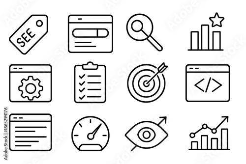 SEO Line Icons. Line style icons of SEO fundamentals: SEO tag icon, search engine result page, keyword icon, ranking chart icon,