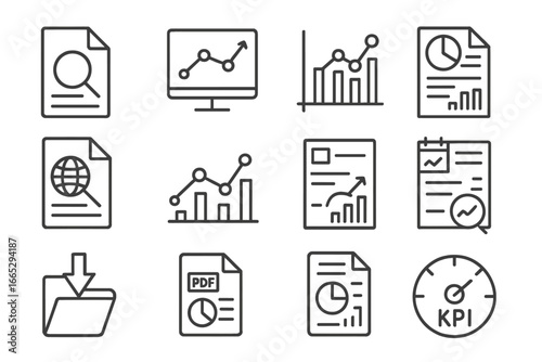 SEO Iconography. Line style icons of SEO reporting: SEO report document, performance graph icon, weekly ranking chart, traffic