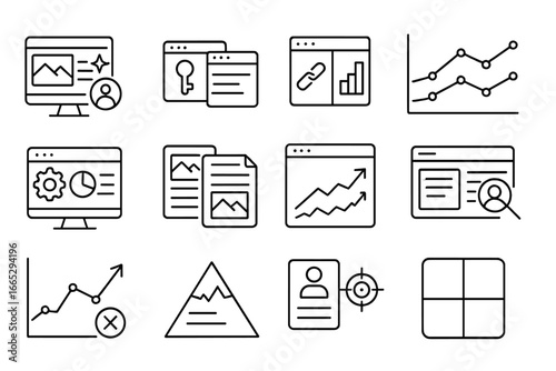 SEO Analysis Icons. Line style icons of competitive analysis: competitor site icon, keyword gap icon, backlink comparison icon,
