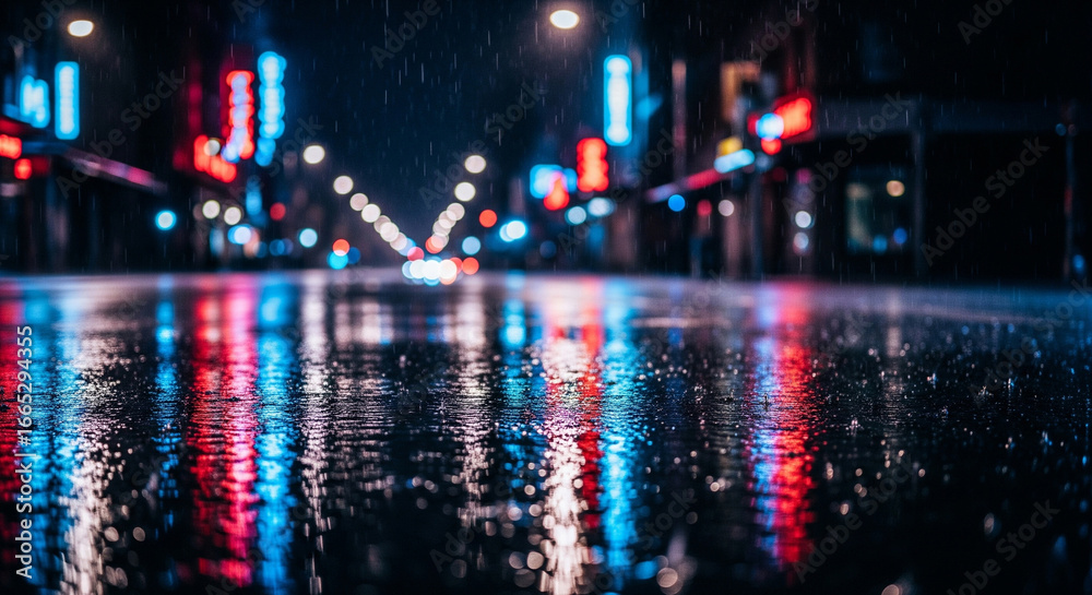 Fototapeta premium Urban street at night with neon lights reflected in puddles