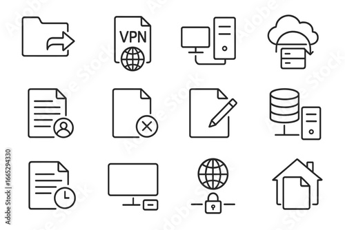 Remote File Access Icons. Line style icons of remote file access: remote folder icon, VPN file icon, server connection icon, cloud