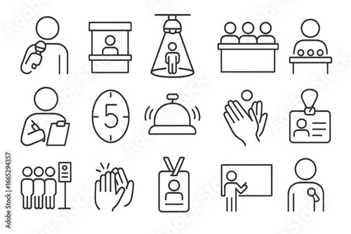 Pitch Event Icons. Line style icons of pitch event visuals: presenter with mic, startup booth icon, pitch stage spotlight,