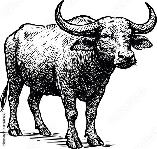 Hand-drawn sketch of Asian buffalo (Bubalus bubalis), monochrome black ink, vector, isolated on white background