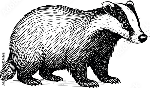 Hand-drawn sketch of Badger (Meles meles), monochrome black ink, vector, isolated on white background