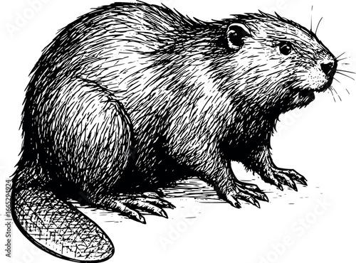 Hand-drawn sketch of Common beaver (Castor fiber), monochrome black ink, vector, isolated on white background