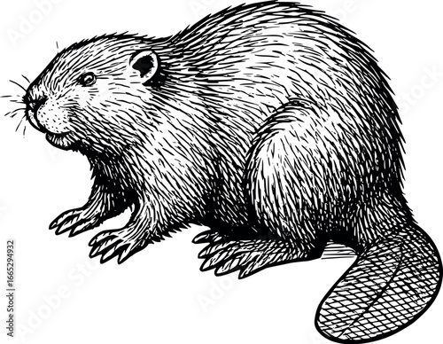 Hand-drawn sketch of Common beaver (Castor fiber), monochrome black ink, vector, isolated on white background
