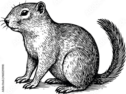 Hand-drawn sketch of Common ground squirrel, monochrome black ink, vector, isolated on white background