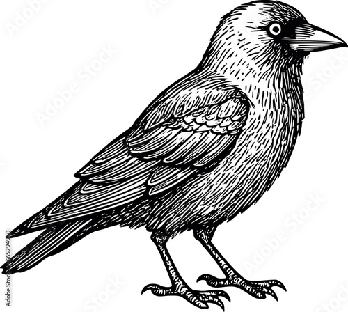 Hand-drawn sketch of Common Jackdaw (Corvus monedula), monochrome black ink, vector, isolated on white background