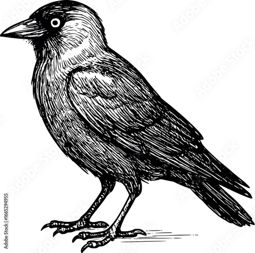 Hand-drawn sketch of Common Jackdaw (Corvus monedula), monochrome black ink, vector, isolated on white background