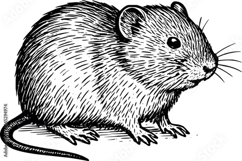 Hand-drawn sketch of Common vole (Microtus arvalis), monochrome black ink, vector, isolated on white background