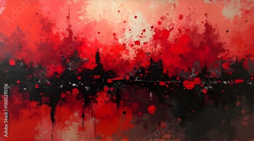 Abstract expressionism, large splashes of red and black paint.