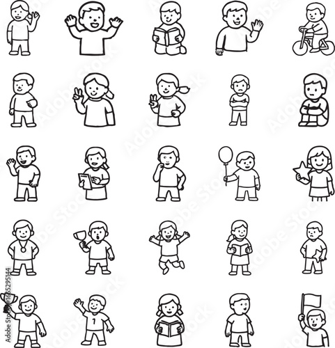 Diverse group of cartoon children standing waving posing with objects cheerful vector