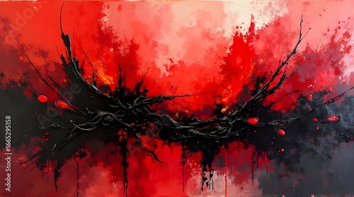 Abstract expressionism, large splashes of red and black paint.