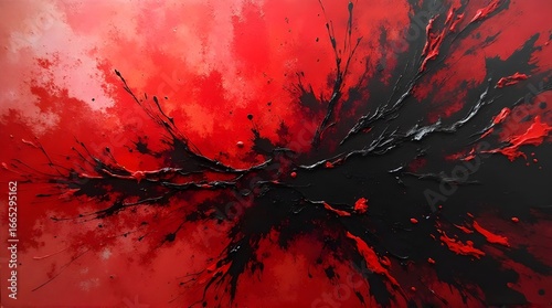 Abstract expressionism, large splashes of red and black paint.