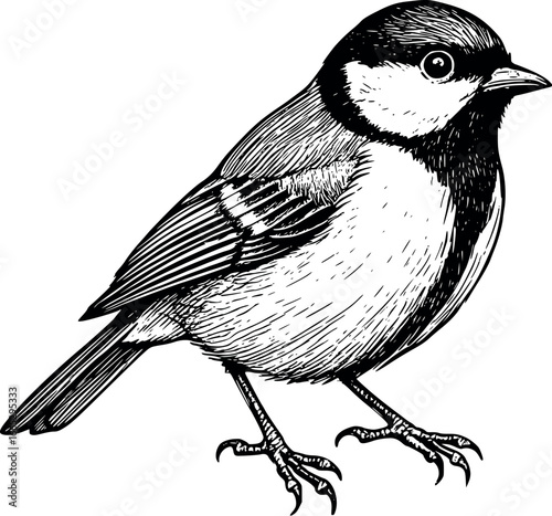 Hand-drawn sketch of Great tit (Parus major), monochrome black ink, vector, isolated on white background