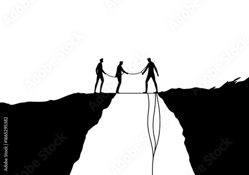 Silhouette of business people connecting cliff gap with rope bridge teamwork leadership cooperation success concept vector illustration in minimalist style