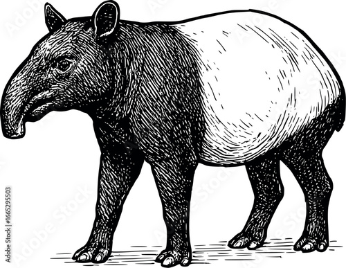 Hand-drawn sketch of Indic tapir (Tapirus indicus), monochrome black ink, vector, isolated on white background