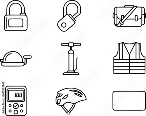 Collection of safety and security icons featuring lock bicycle helmet air pump reflective vest measuring device