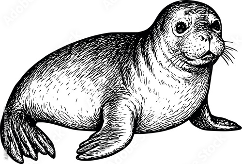Hand-drawn sketch of Mediterranean monk seal (Monachus monachus), monochrome black ink, vector, isolated on white background