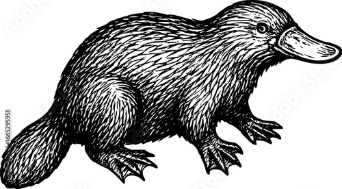 Hand-drawn sketch of Platypus (Zaglossus bruijni), monochrome black ink, vector, isolated on white background