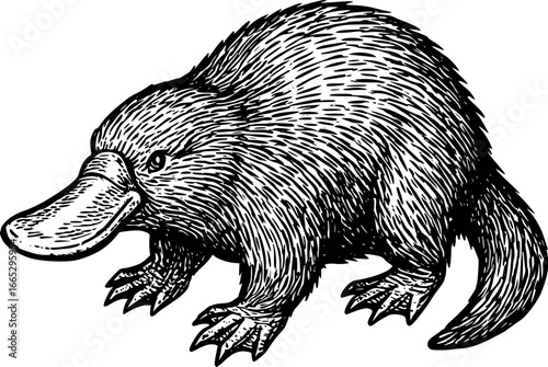 Hand-drawn sketch of Platypus (Zaglossus bruijni), monochrome black ink, vector, isolated on white background