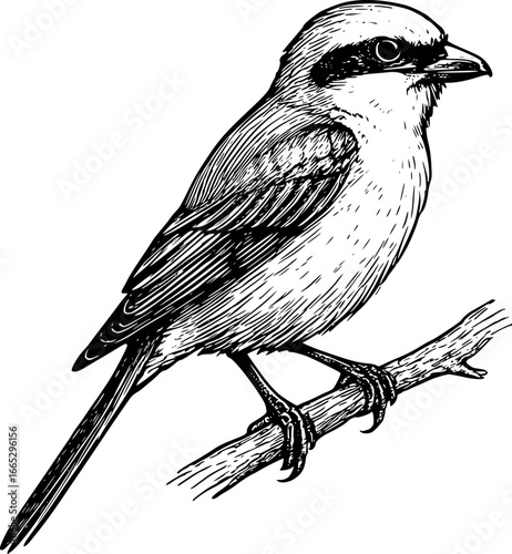 Hand-drawn sketch of Shrike (Lanius collurio), monochrome black ink, vector, isolated on white background