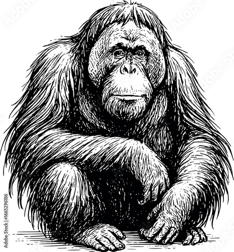 Hand-drawn sketch of Sumatran orangutan (Pongo abelii), monochrome black ink, vector, isolated on white background