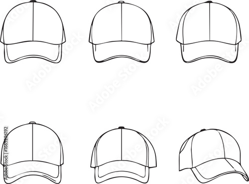 This image showcases six variations of baseball caps in a simple, clean line drawing format.